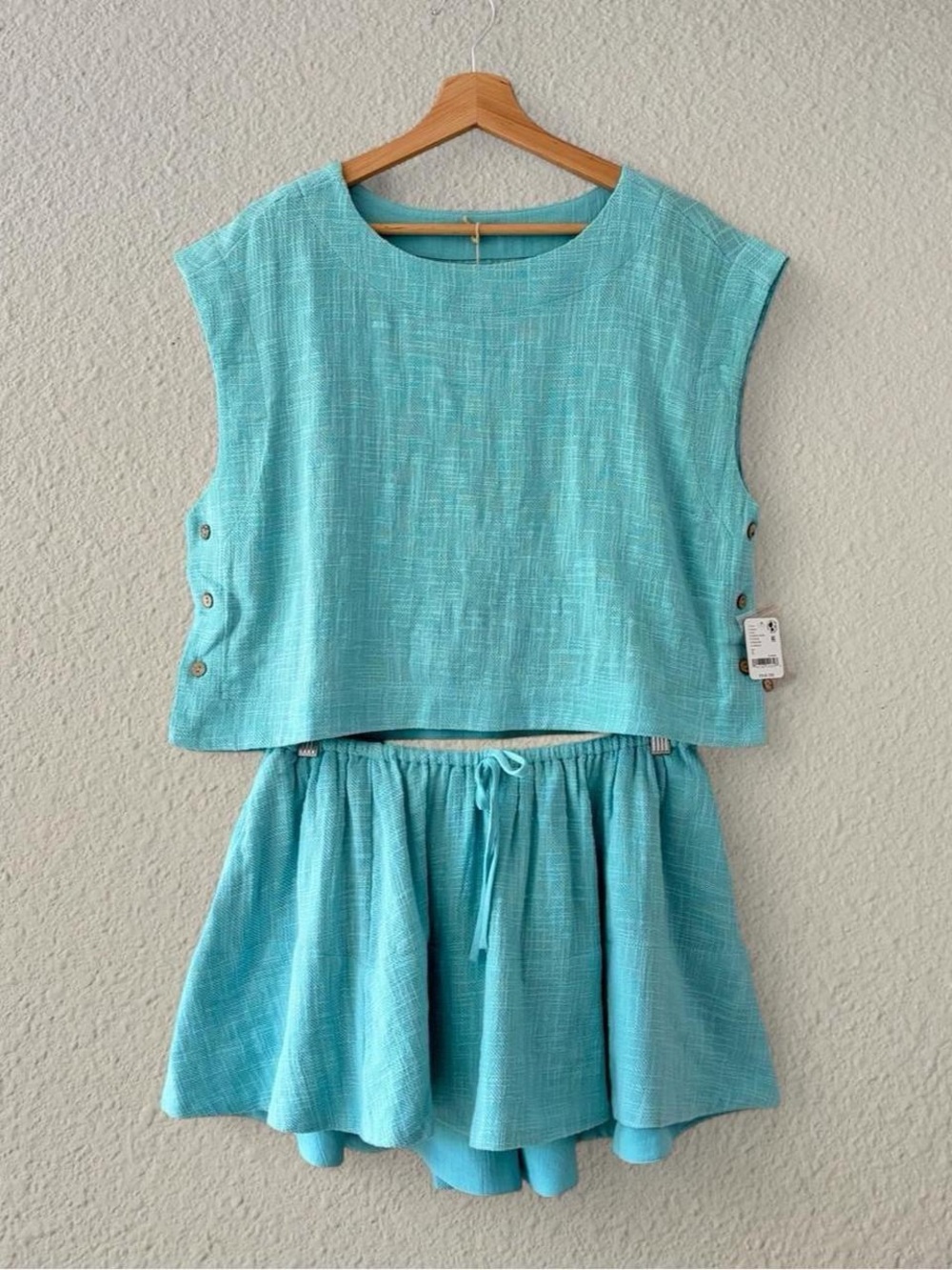 Aqua Two-Piece Cotton Blend Top & Skirt Set